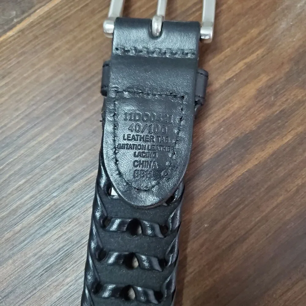 Dockers Braided Belt Men's 40 Black Leather Tab & Cord Woven Silvertone Buckle